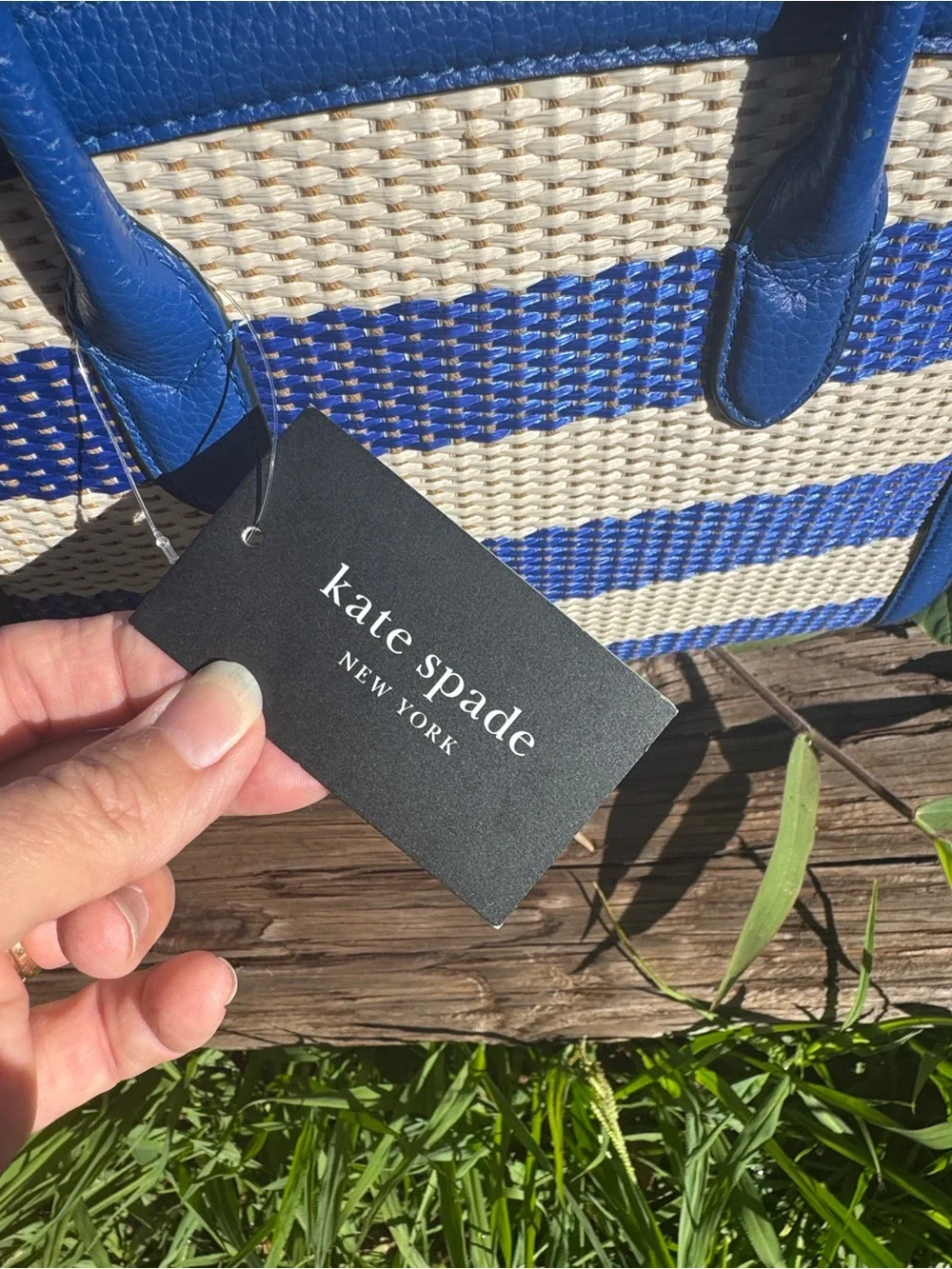 New Kate Spade Knott Striped Woven Medium Satchel Classic Blue Multi Preppy